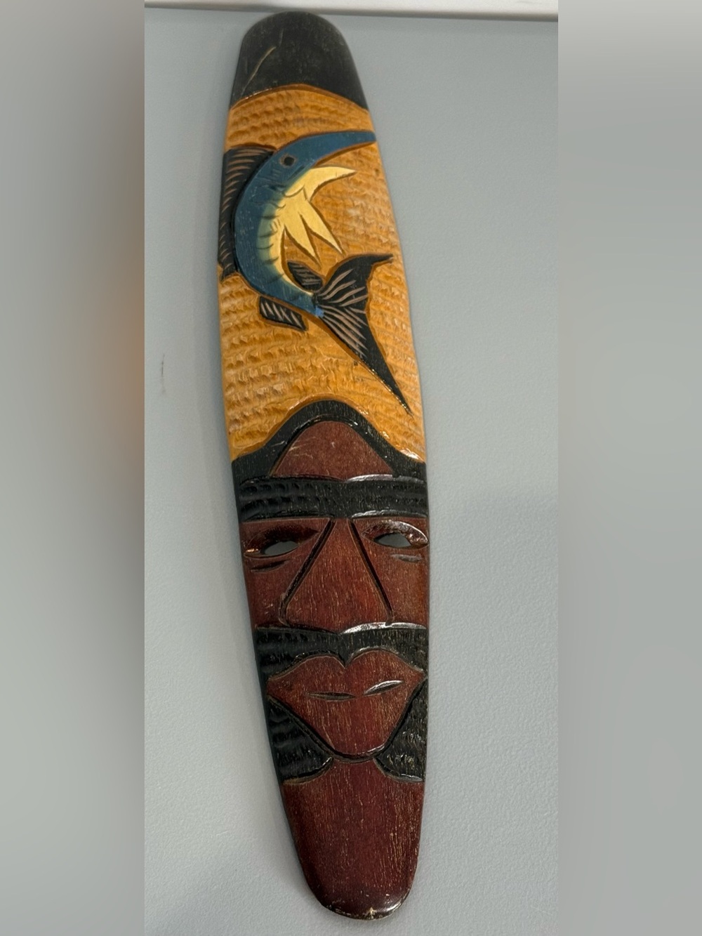 Hand Carved Painted Wood Wall Mask Fish Design Jamaica 22.5 x 4.5 in